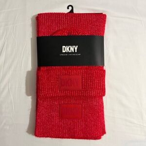 DKNY Red Knit Hat and Scarf Set